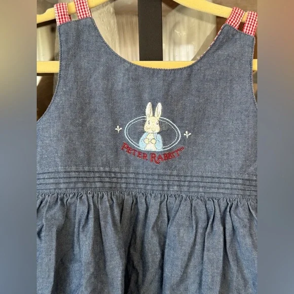Vintage Peter Rabbit embroidered denim dress toddler girl gingham y2k